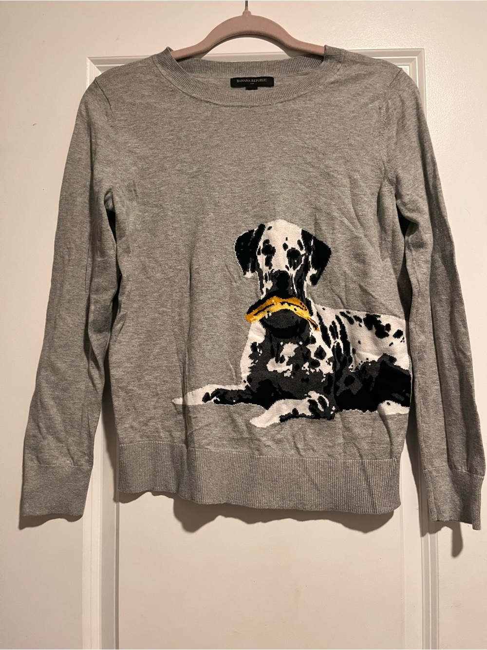 Banana Republic Gray Dalmatian Knit Sweater with Yellow Toy Detail